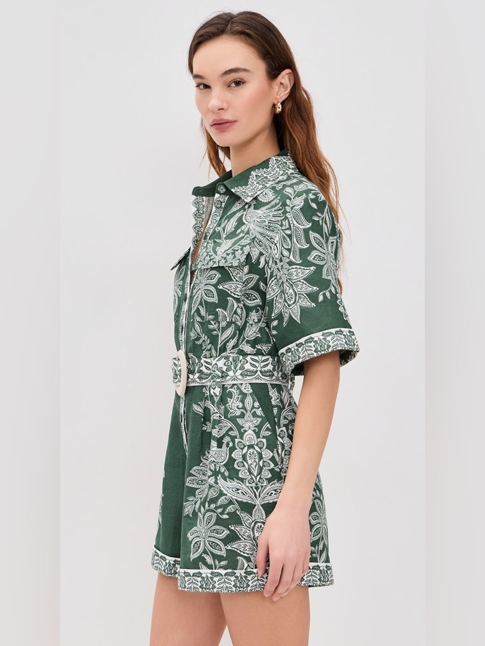 Farm Rio: MIRANDA DARK GREEN SHORT SLEEVE ROMPER - Picture 7 of 13